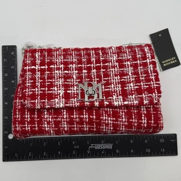 NWT Badgley Mischka Red Tweed Chain Crossbody – Holiday Glam Perfection - Picture 10 of 12